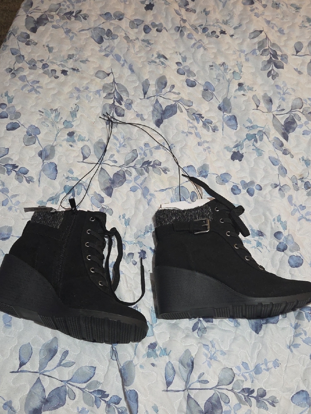 torrid Black Lace-Up Wedge Ankle Boots with Buckle
